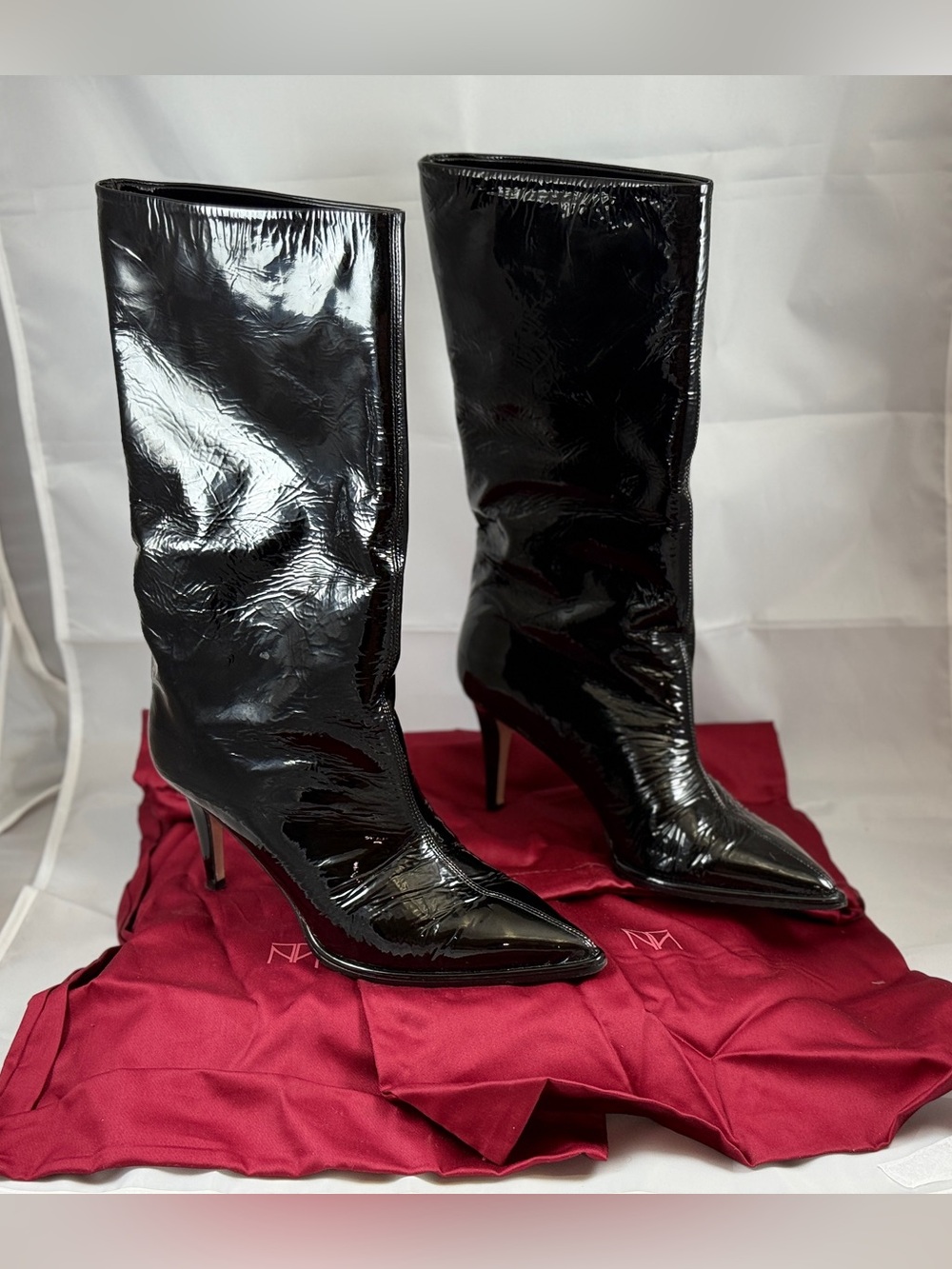 Tamara Mellon Black Patent Leather Pointed Toe Stiletto Boots 37.5